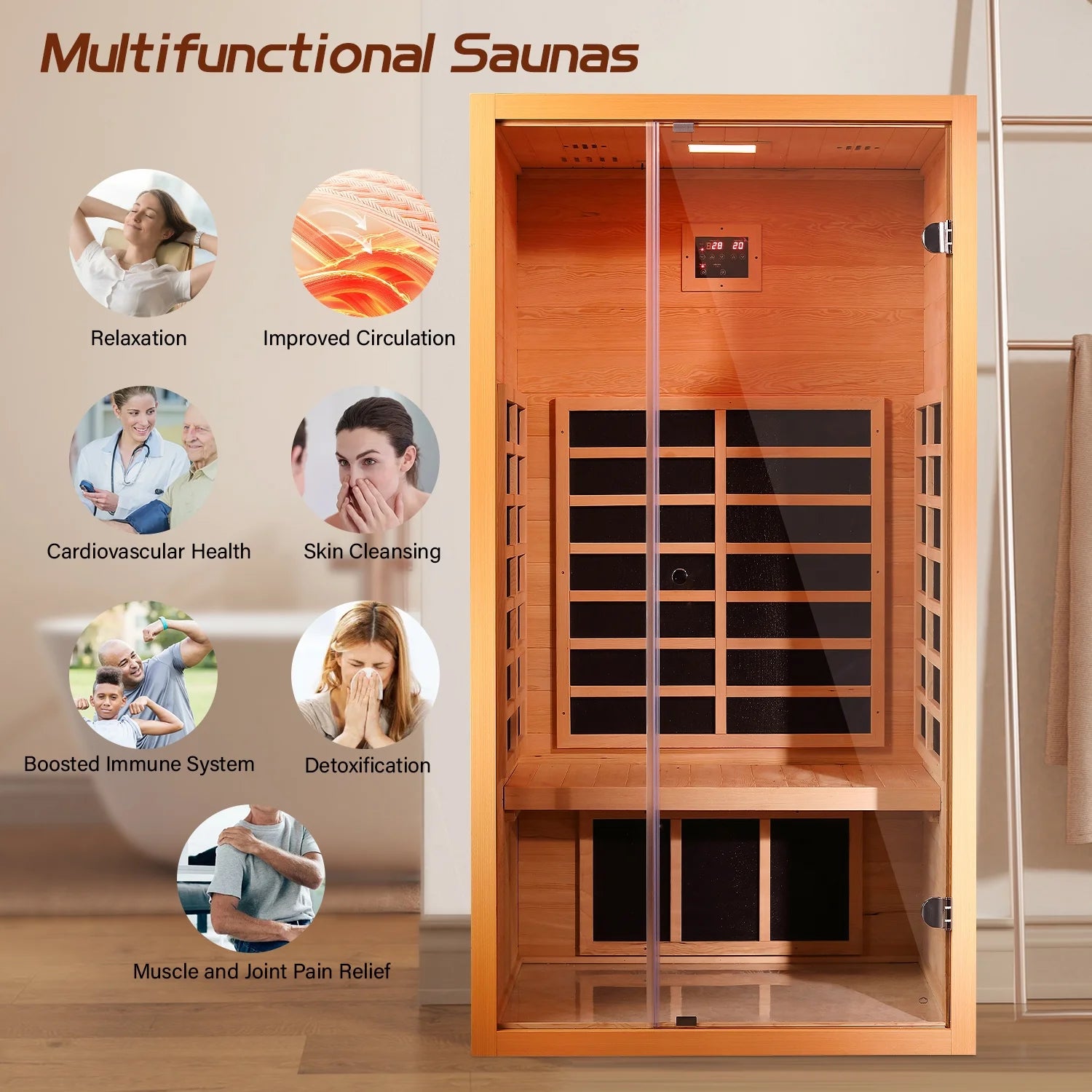 1 Person Extendable FAR Infrared Sauna for Home, Hemlock Wood Low EMF 6 Carbon Heaters Indoor Saunas with LED Lights, Bluetooth Speaker, Digital Control Panel, and Seating Bench — product view 2