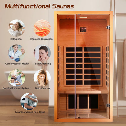 1 Person Extendable FAR Infrared Sauna for Home, Hemlock Wood Low EMF 6 Carbon Heaters Indoor Saunas with LED Lights, Bluetooth Speaker, Digital Control Panel, and Seating Bench — product view 2