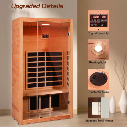 1 Person Extendable FAR Infrared Sauna for Home, Hemlock Wood Low EMF 6 Carbon Heaters Indoor Saunas with LED Lights, Bluetooth Speaker, Digital Control Panel, and Seating Bench — product view 3
