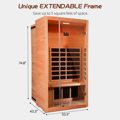 1 Person Extendable FAR Infrared Sauna for Home, Hemlock Wood Low EMF 6 Carbon Heaters Indoor Saunas with LED Lights, Bluetooth Speaker, Digital Control Panel, and Seating Bench — product view 4