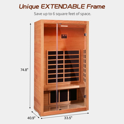 1 Person Extendable FAR Infrared Sauna for Home, Hemlock Wood Low EMF 6 Carbon Heaters Indoor Saunas with LED Lights, Bluetooth Speaker, Digital Control Panel, and Seating Bench — product view 5