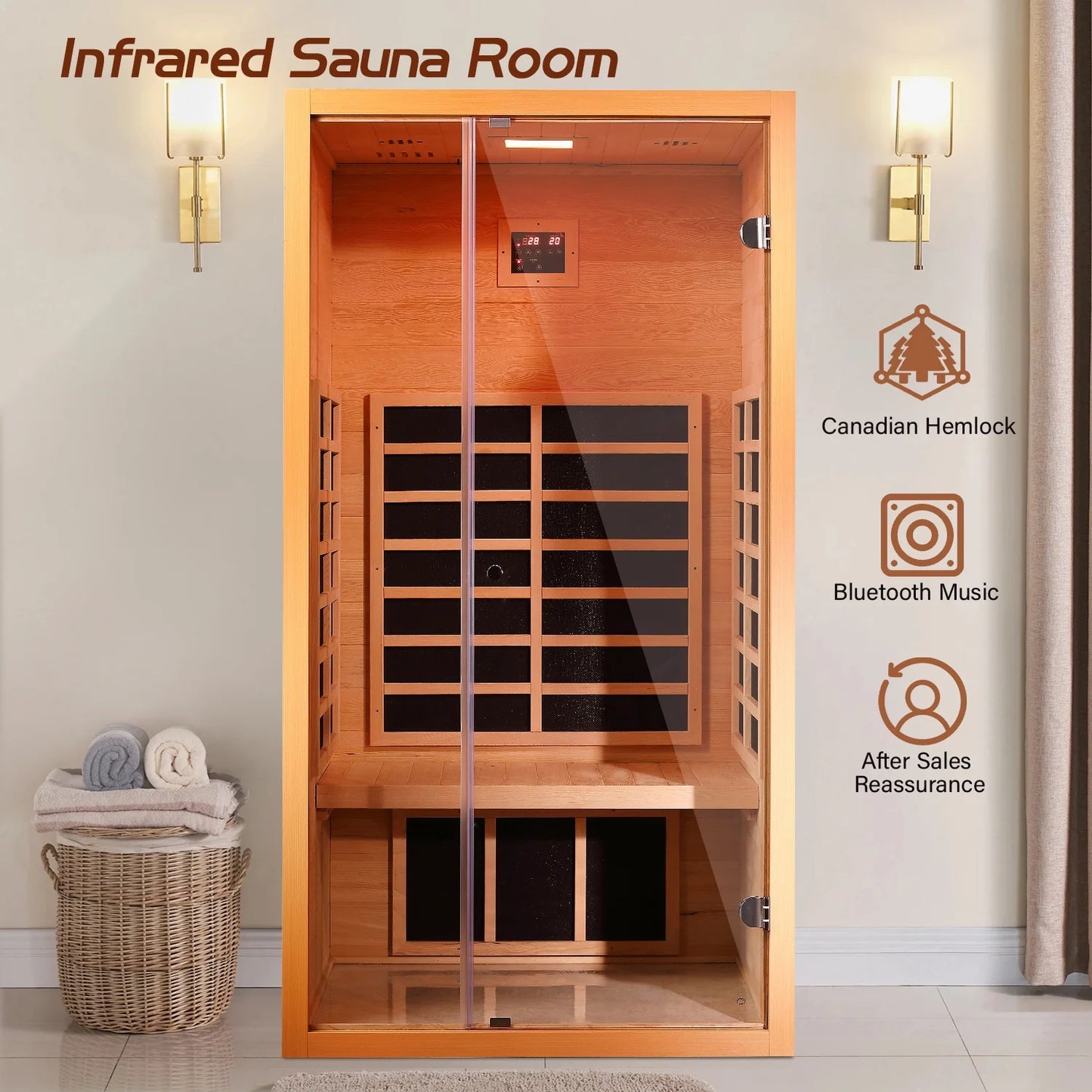 1 Person Extendable FAR Infrared Sauna for Home, Hemlock Wood Low EMF 6 Carbon Heaters Indoor Saunas with LED Lights, Bluetooth Speaker, Digital Control Panel, and Seating Bench — product view 6