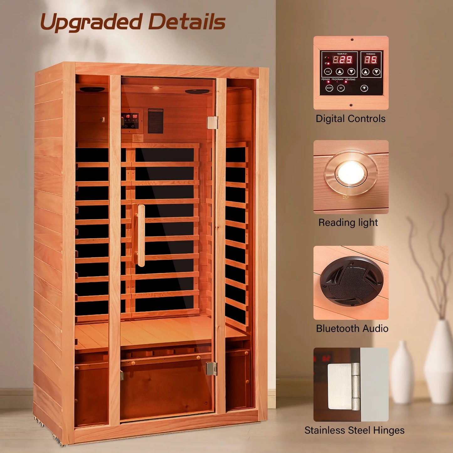 2 Person Extendable FAR Infrared Sauna for Home, Hemlock Wood Low EMF 6 Carbon Heaters Indoor Saunas with LED Lights, Bluetooth Speaker, Digital Control Panel, and Seating Bench — product view 3