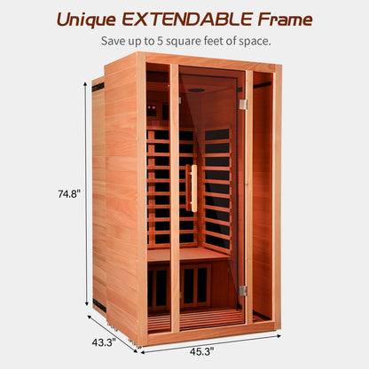 2 Person Extendable FAR Infrared Sauna for Home, Hemlock Wood Low EMF 6 Carbon Heaters Indoor Saunas with LED Lights, Bluetooth Speaker, Digital Control Panel, and Seating Bench — product view 4