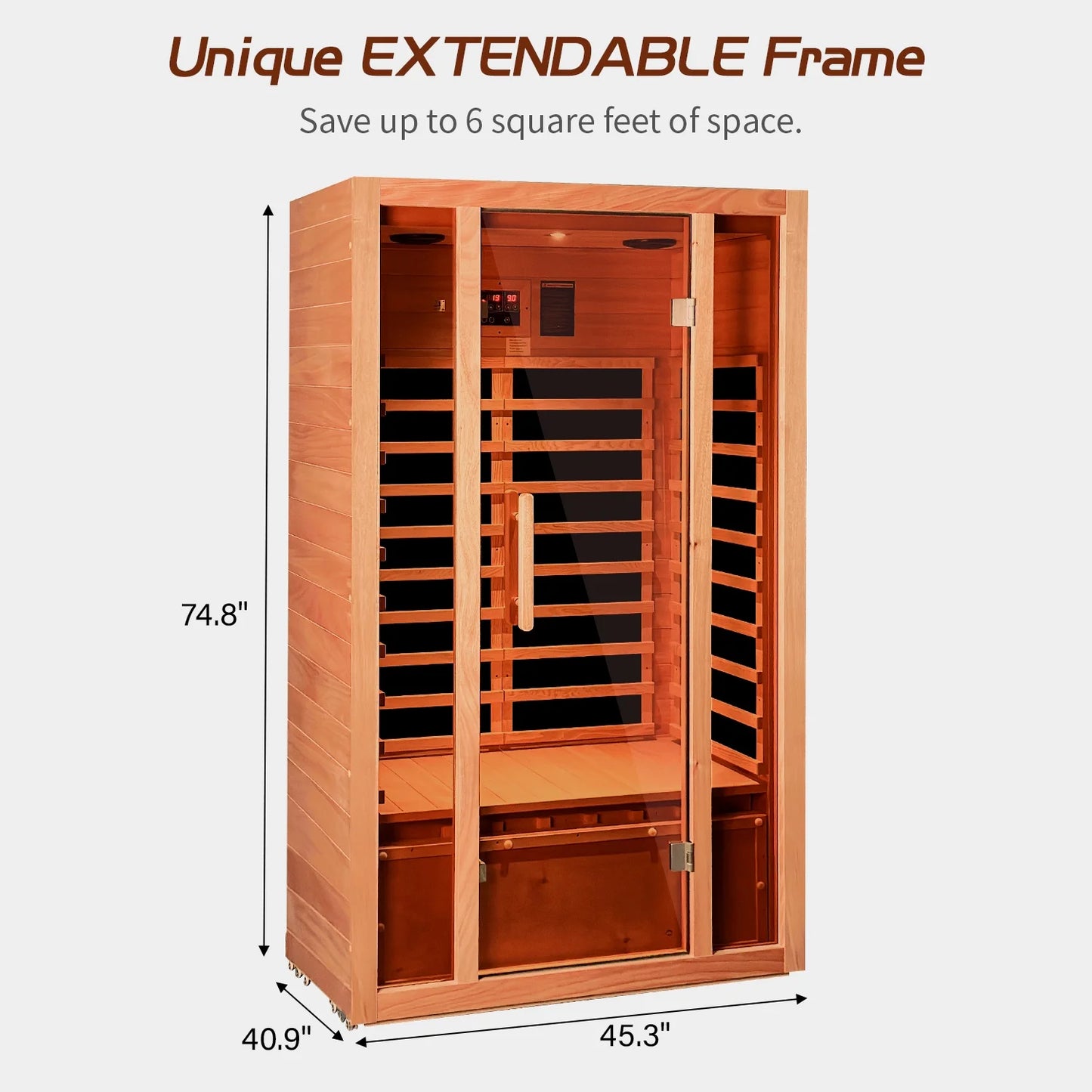 2 Person Extendable FAR Infrared Sauna for Home, Hemlock Wood Low EMF 6 Carbon Heaters Indoor Saunas with LED Lights, Bluetooth Speaker, Digital Control Panel, and Seating Bench — product view 5