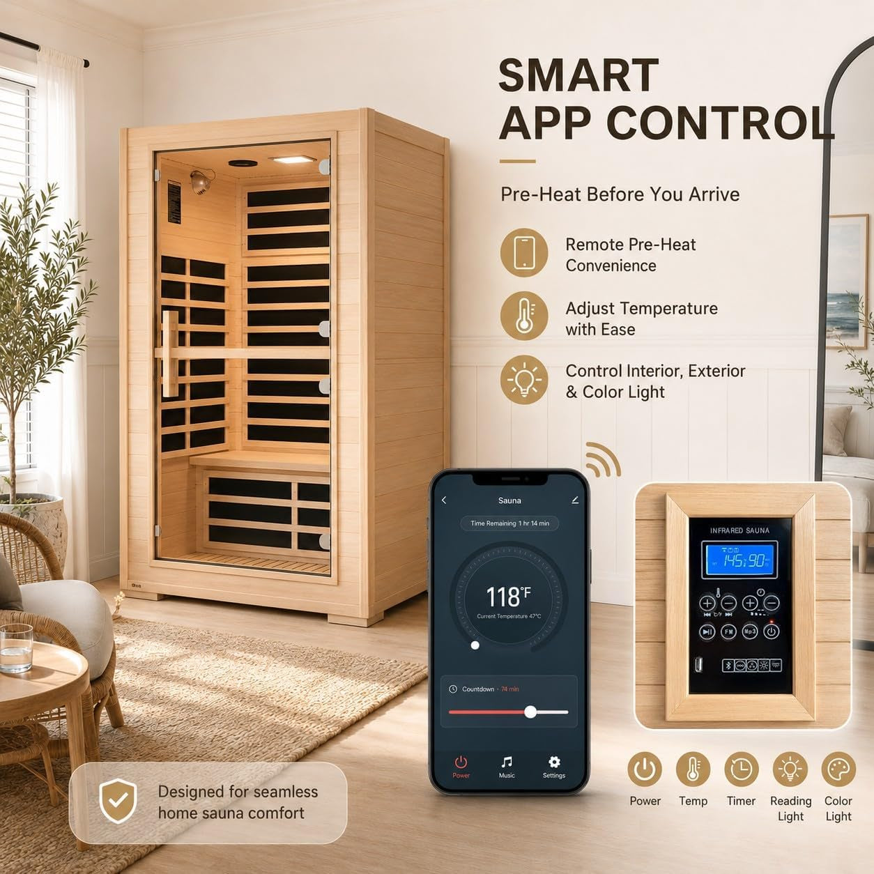 2 Person Far Infrared Sauna with Smart APP Control, 2000W Low EMF Wooden Infrared Sauna Room for Home, 8 Carbon Mica Heating Panels Wellness Sauna, Canadian Hemlock Indoor Spa for Home Relaxation — product view 3