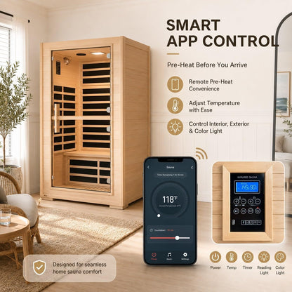 2 Person Far Infrared Sauna with Smart APP Control, 2000W Low EMF Wooden Infrared Sauna Room for Home, 8 Carbon Mica Heating Panels Wellness Sauna, Canadian Hemlock Indoor Spa for Home Relaxation — product view 3