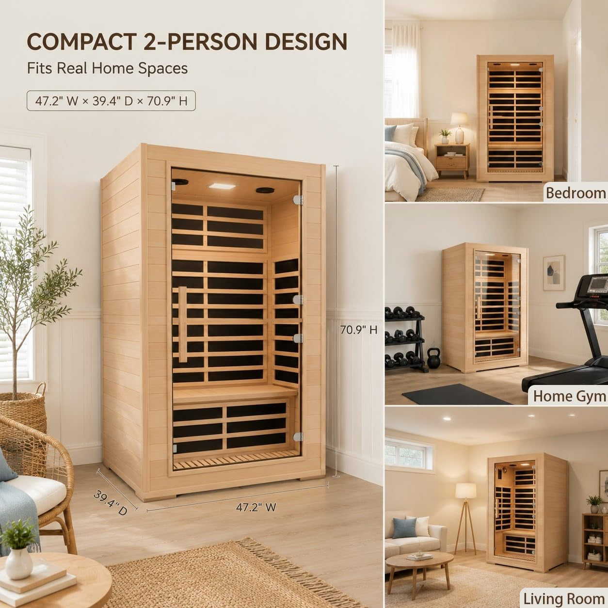 2 Person Far Infrared Sauna with Smart APP Control, 2000W Low EMF Wooden Infrared Sauna Room for Home, 8 Carbon Mica Heating Panels Wellness Sauna, Canadian Hemlock Indoor Spa for Home Relaxation — product view 6