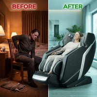4D Deluxe Gray and Black Zero Gravity and Space Saving Faux Leather Heated Massage Chair with Sl-Track and Bluetooth — Before & After