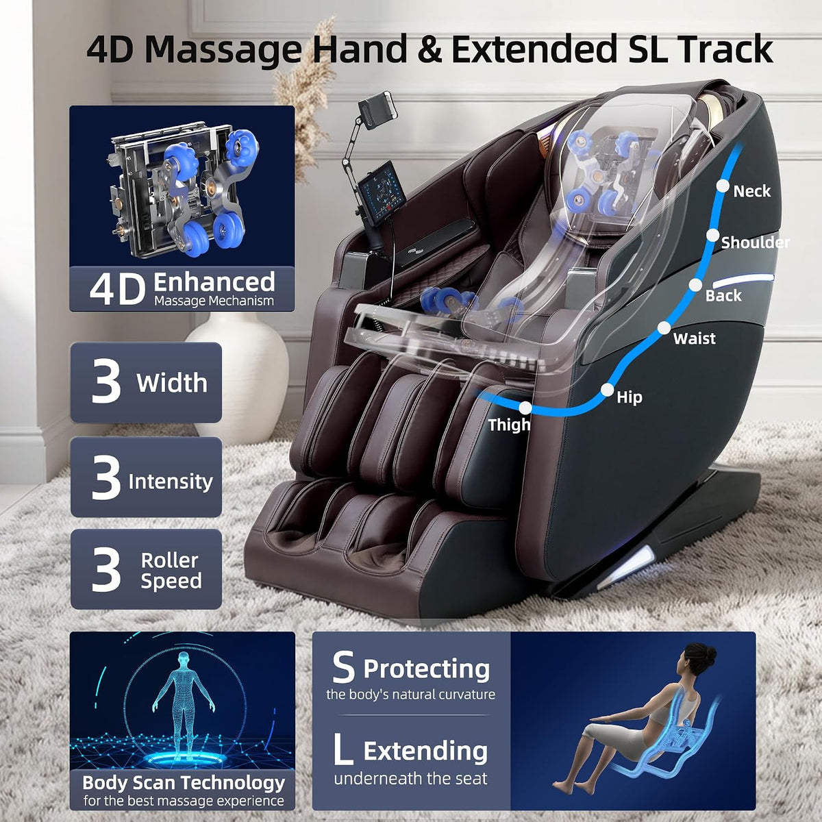 4D Massage Chairs Full Body Recliner with Heat Zero Gravity EX- SL Track Shiatsu Massage Chair for Home Office with AI Voice, 7" Touch Screen, Wireless Charging,Neck & Shoulder Relief