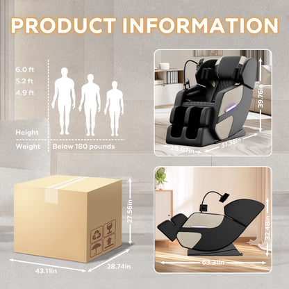 Zero Gravity Full Body Massage Chair Recliner Includes Heating, Airbags, Bluetooth Speaker, Foot Roller, and Touch Screen Gold