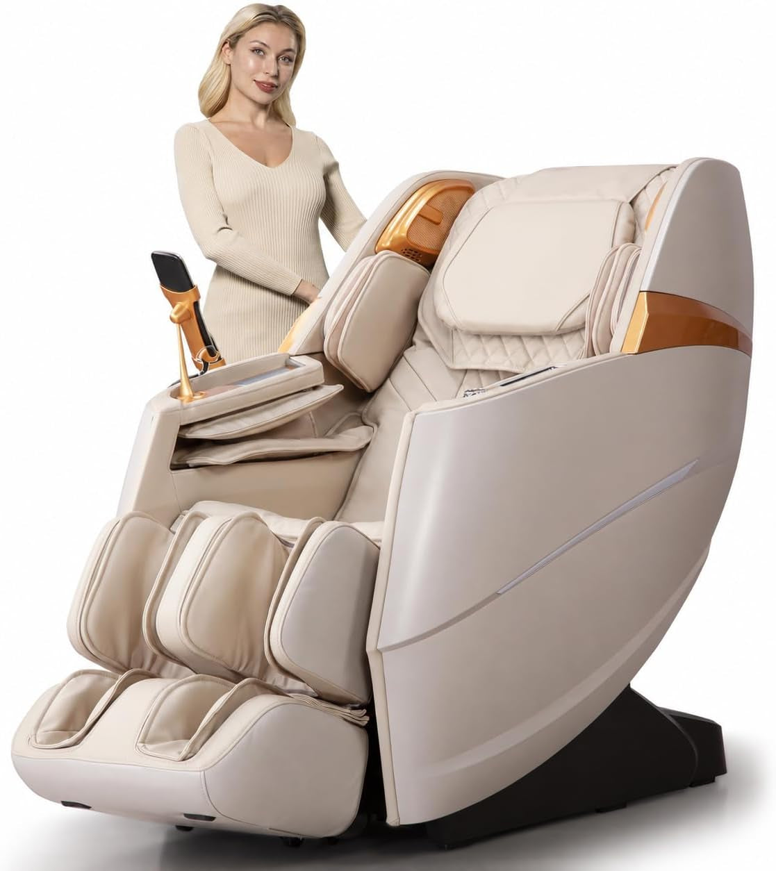4D Massage Chair Full Body Zero Gravity Massage Recliner Chair SL Track Motorized Extension Calf Kneading Massage Yoga Stretch Back Heating 20 Modes Space Saving AI Control Ivory Beige