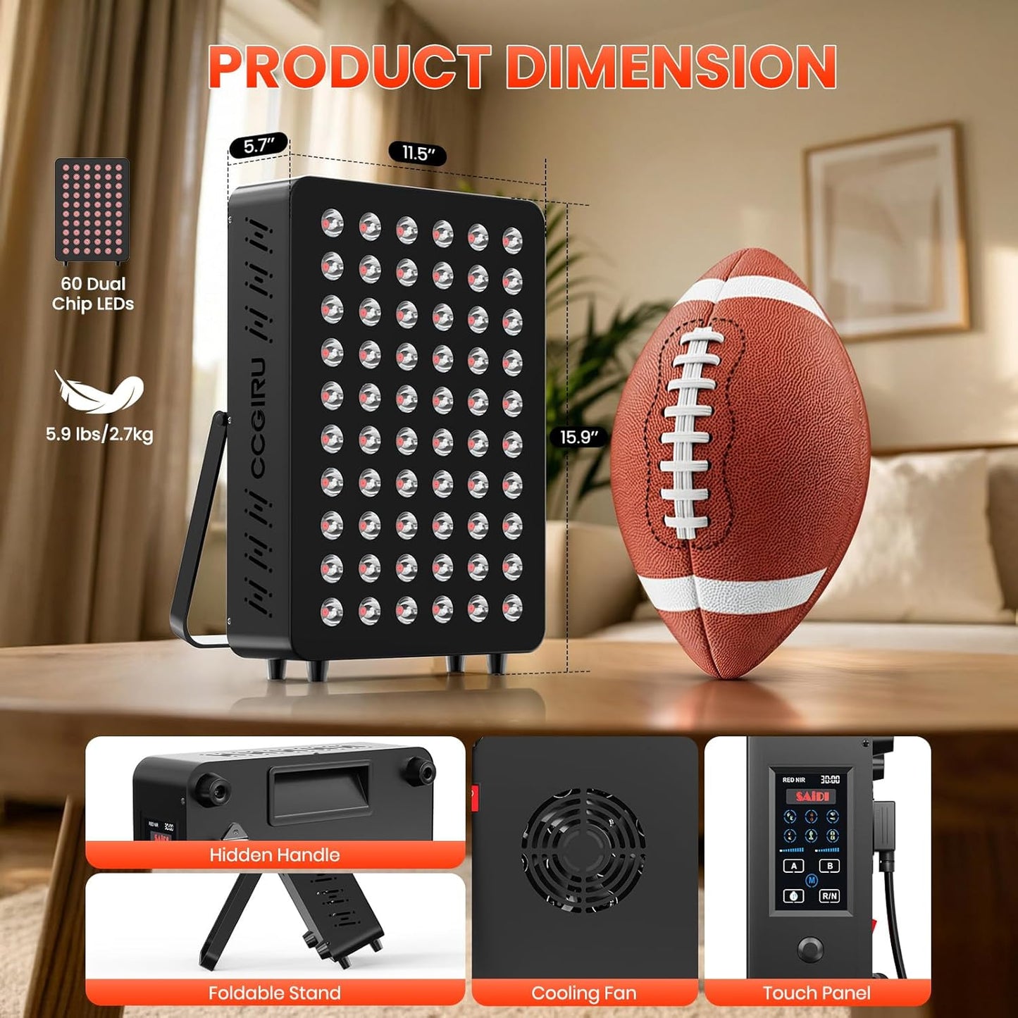 Red Light Therapy Panel, 660Nm Red & 850Nm near Infrared Light Therapy Device with TENS & EMS Functions, 60 Dual Chip Leds, 6 Programs, Timer, Stand, High Power LED Light Therapy Lamp for Face Body — product view 2