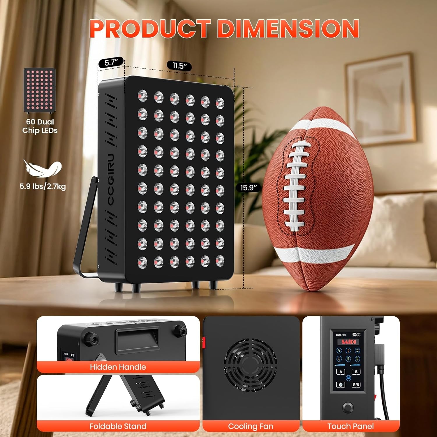 Red Light Therapy Panel, 660Nm Red & 850Nm near Infrared Light Therapy Device with TENS & EMS Functions, 60 Dual Chip Leds, 6 Programs, Timer, Stand, High Power LED Light Therapy Lamp for Face Body — product view 2