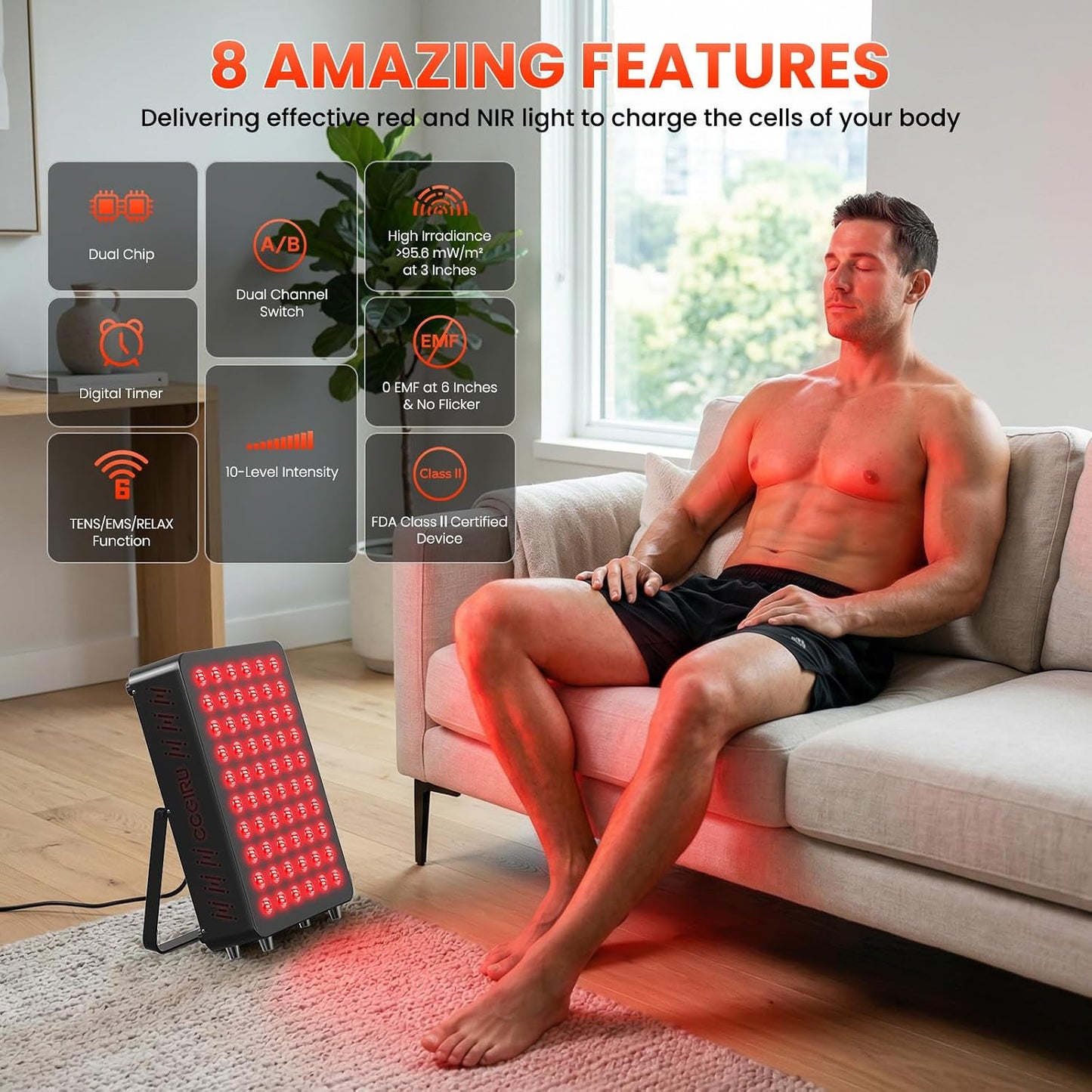 Red Light Therapy Panel, 660Nm Red & 850Nm near Infrared Light Therapy Device with TENS & EMS Functions, 60 Dual Chip Leds, 6 Programs, Timer, Stand, High Power LED Light Therapy Lamp for Face Body — product view 3