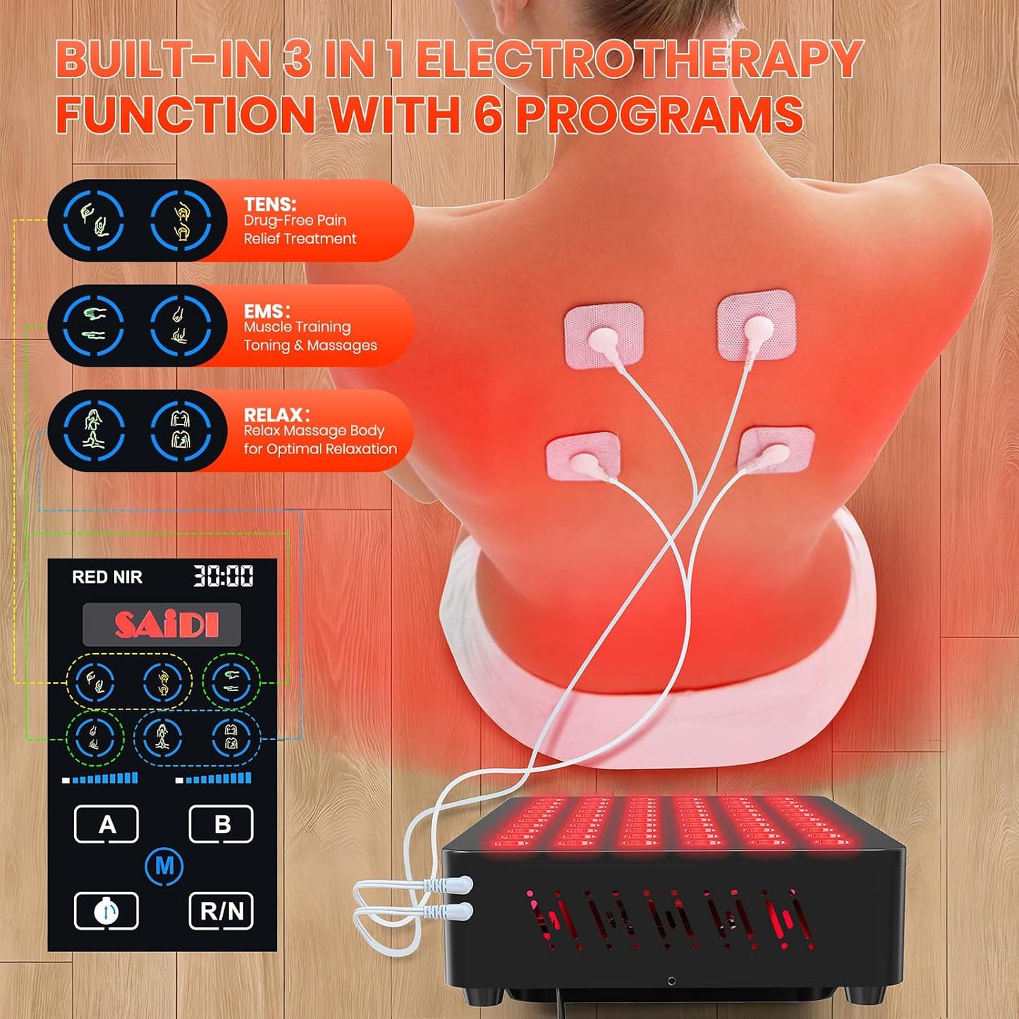 Red Light Therapy Panel, 660Nm Red & 850Nm near Infrared Light Therapy Device with TENS & EMS Functions, 60 Dual Chip Leds, 6 Programs, Timer, Stand, High Power LED Light Therapy Lamp for Face Body — product view 5
