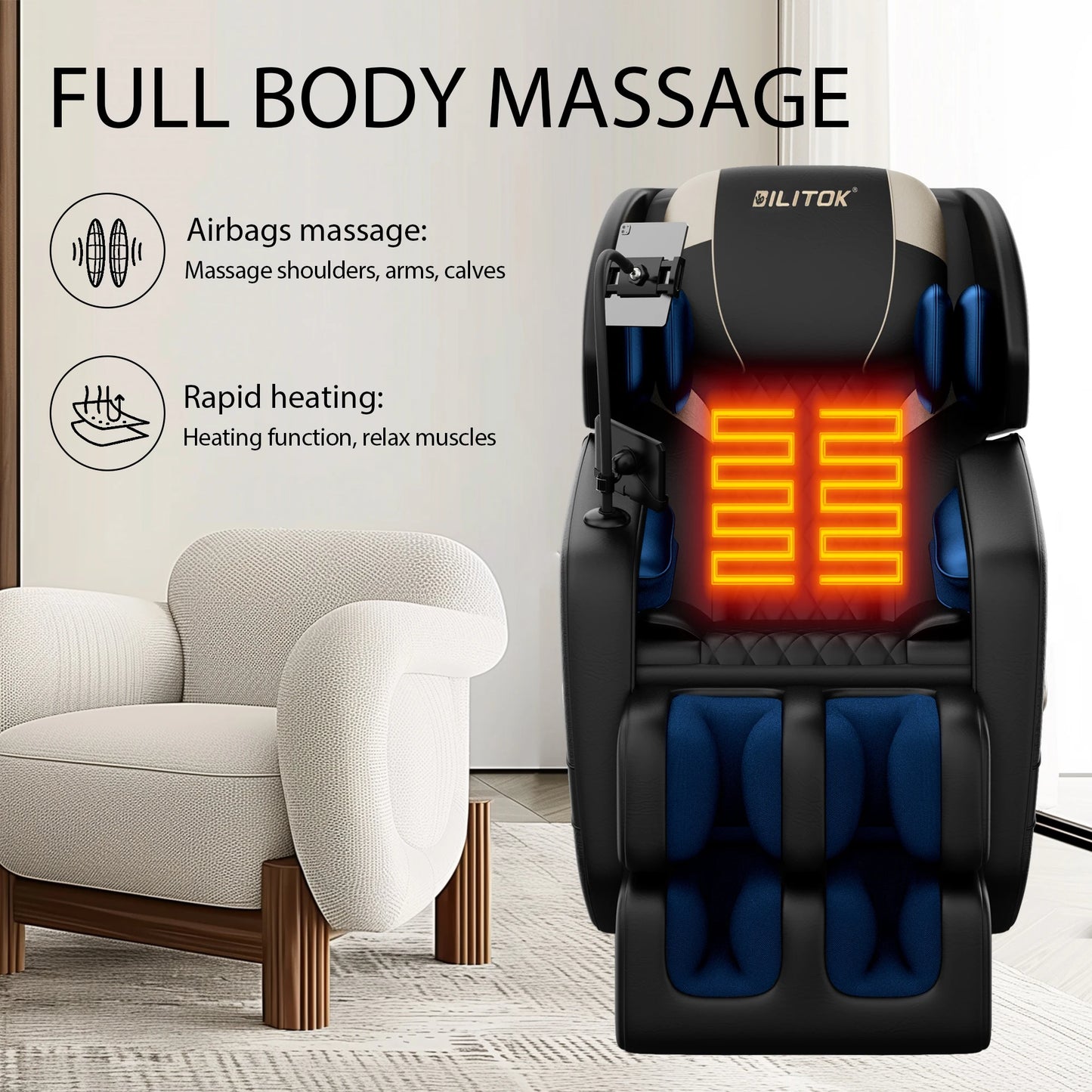 Zero Gravity Massage Chair: Reclining, Heating, Full-Body Air Compression, 6 Rollers& Touchscreen. Supports up to 180Lbs & 6Ft — product view 4